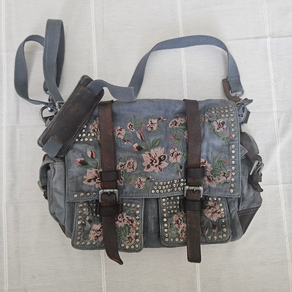 Free People Floral Embroidered Studded Canvas Messenger Bag Blue Boho Crossbody